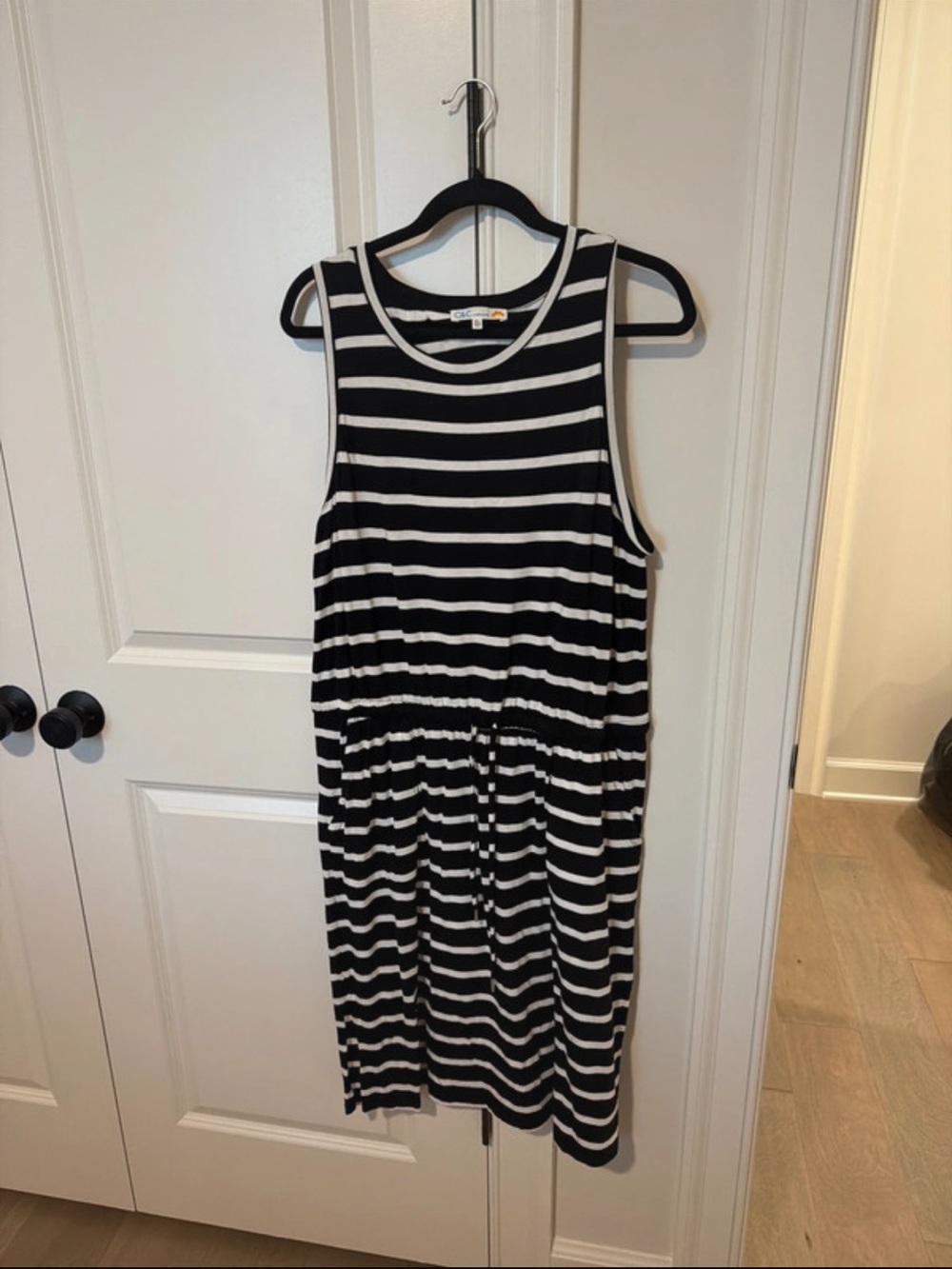C&C California Black and White Striped Sleeveless Drawstring Dress